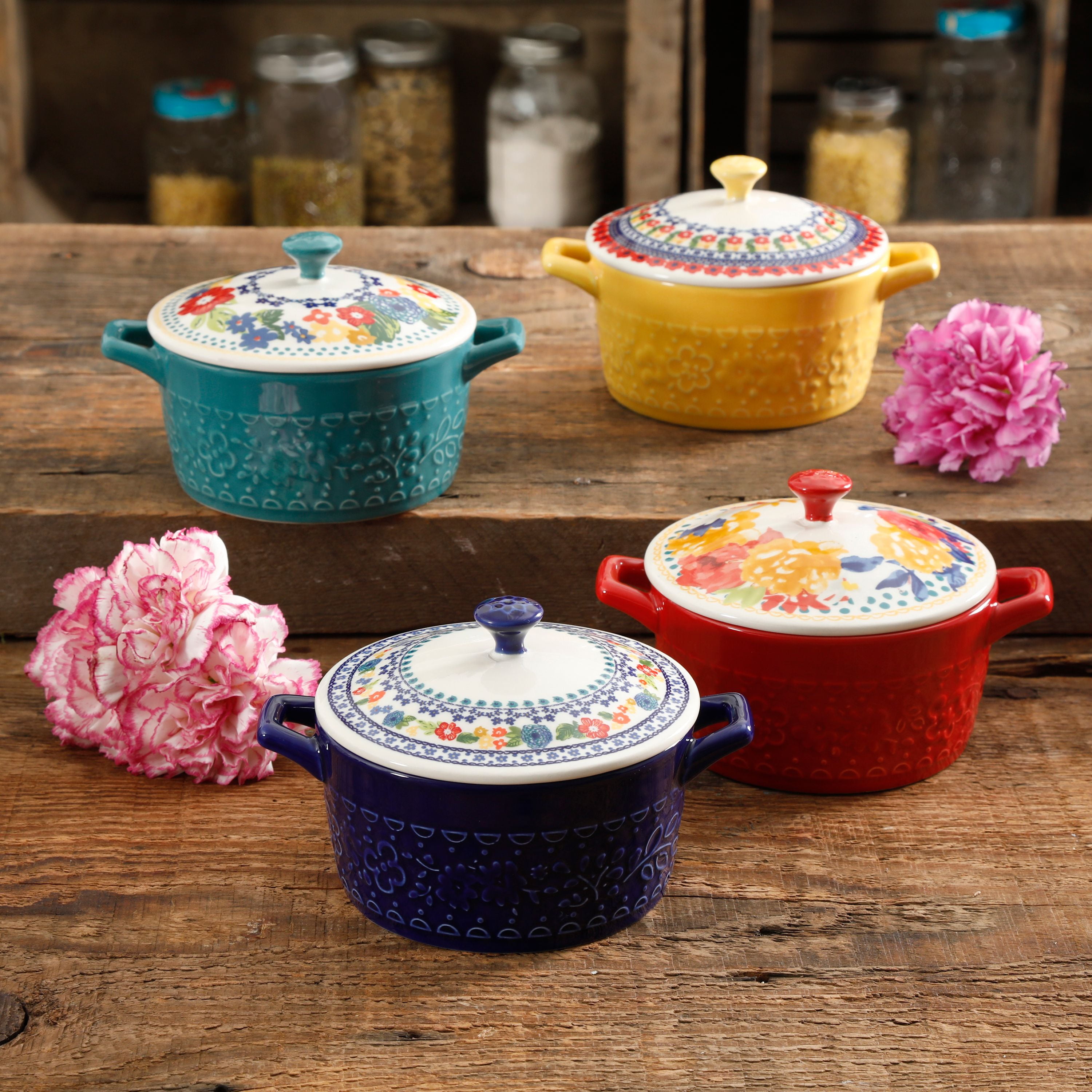 The Pioneer Woman Floral 13-Ounce Assorted Color Casseroles with Lid, Set  of 4