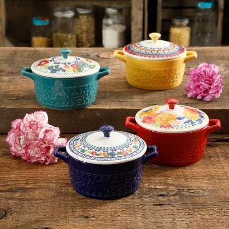 The Pioneer Woman Floral 13-Ounce Assorted Color Casseroles with Lid, Set of 4