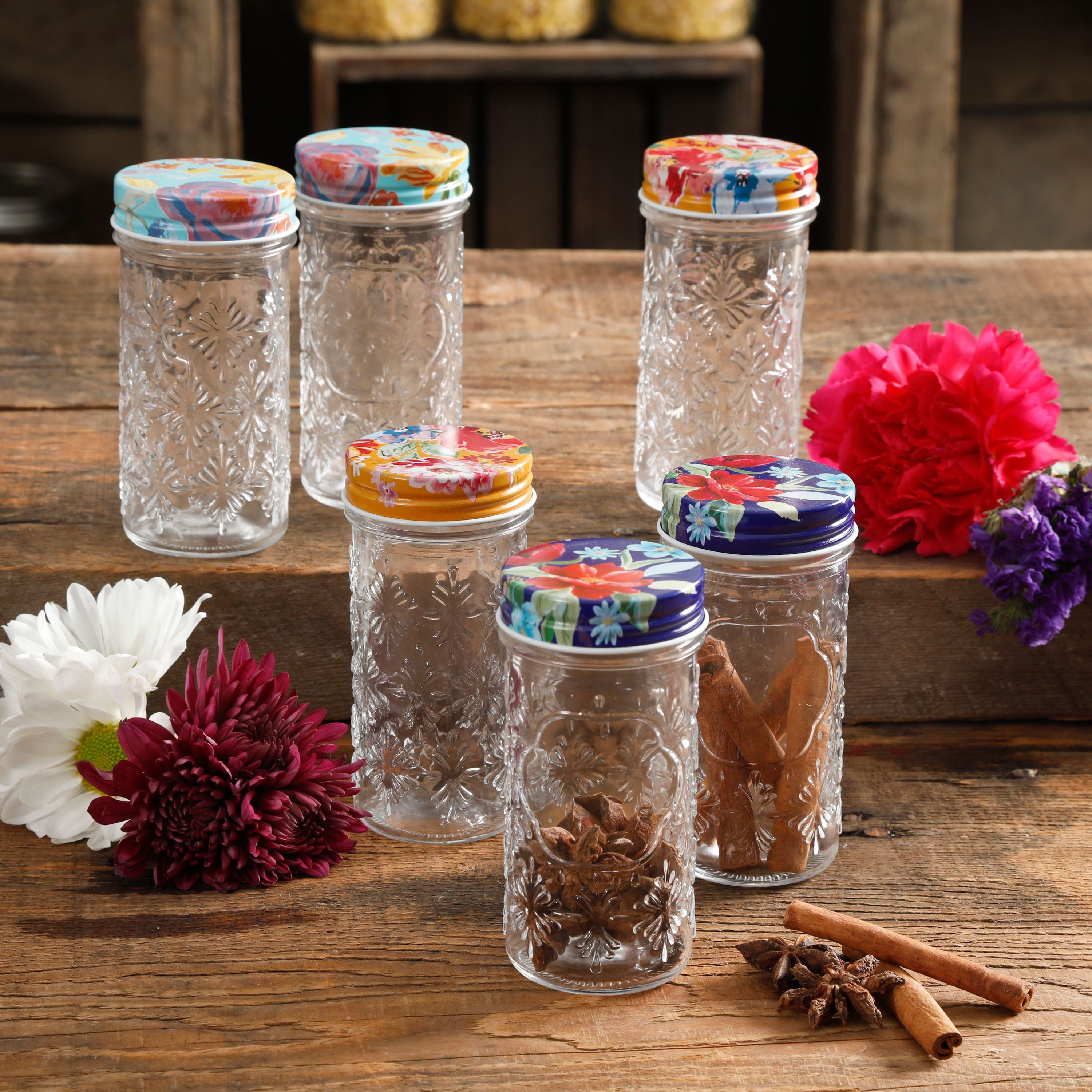 NWT THE PIONEER WOMAN FLORAL MEDLEY 3 Pc SPICE JARS WITH LIDS Mini