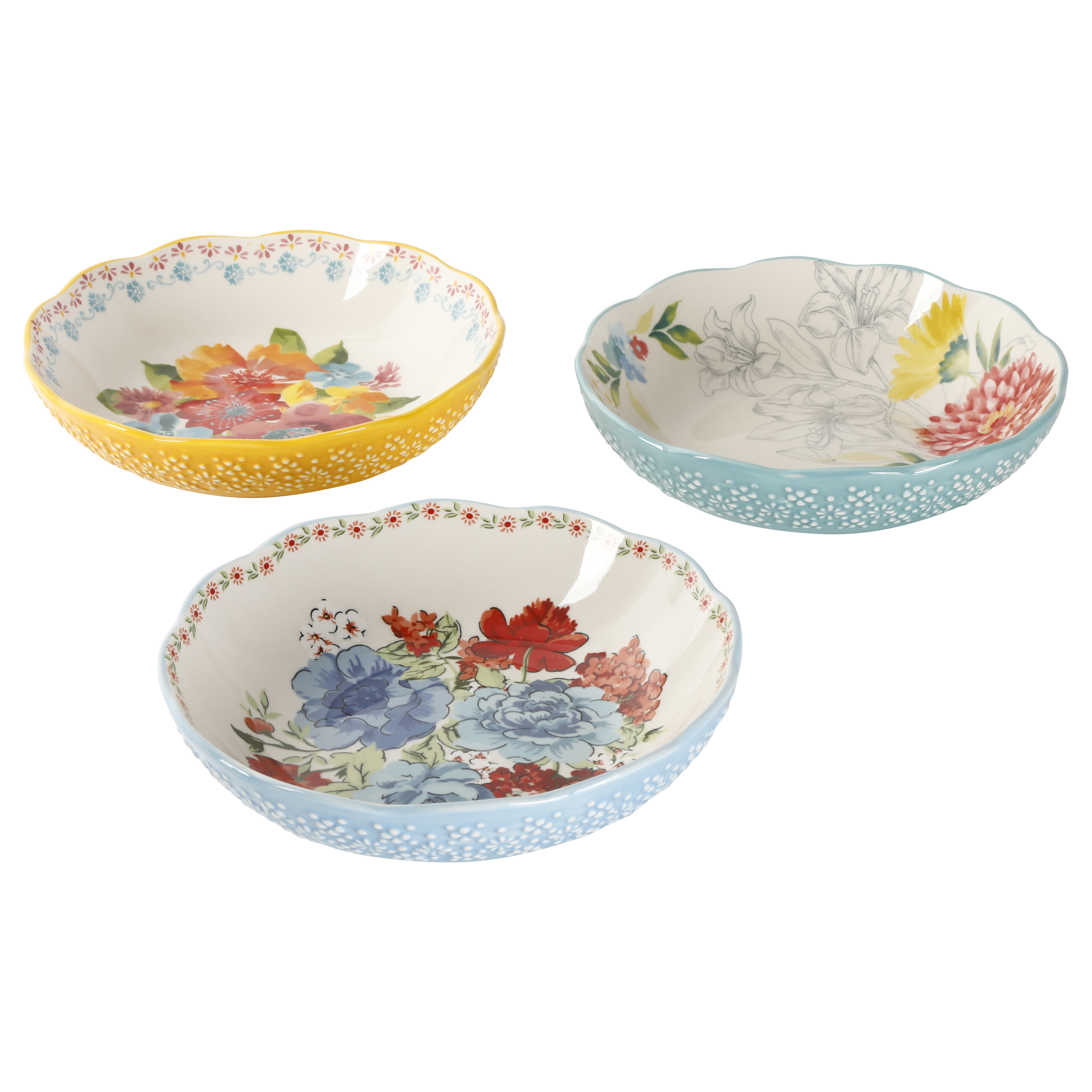 The Pioneer Woman Floral Medley Assorted Ceramic 7.5-inch Pasta Bowls, 3-Pack - image 1 of 9