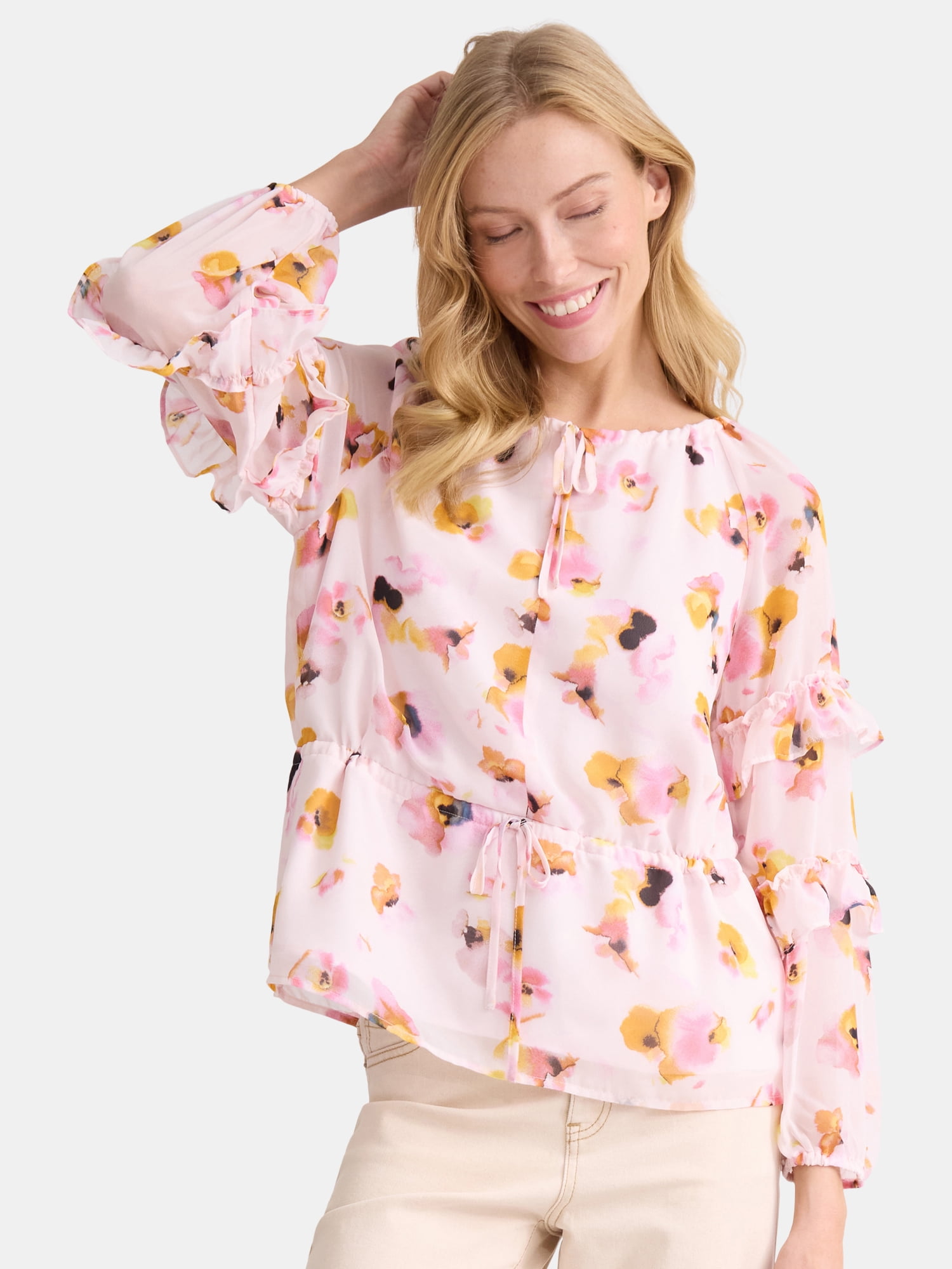The Pioneer Woman Floral Print Blouse with Ruffle Sleeves, Sizes S-3XL, Women’s