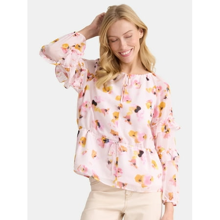 The Pioneer Woman Floral Print Blouse with Ruffle Sleeves, Sizes S-3XL, Women’s