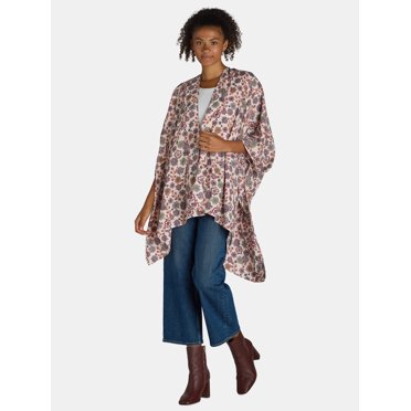 The Pioneer Woman Floral Print Fashion Cover-Up Ruana Layering Piece, Baroque Garden Buttercream