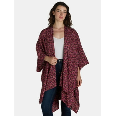 The Pioneer Woman Floral Print Fashion Cover-Up Ruana Layering Piece, Coffee Bean