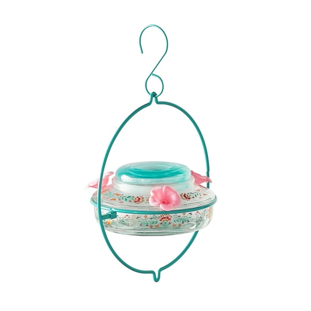 The Pioneer Woman Folk Geo Glass Decorative Top-Fill Hummingbird Feeder 13 oz, Blue Pink
