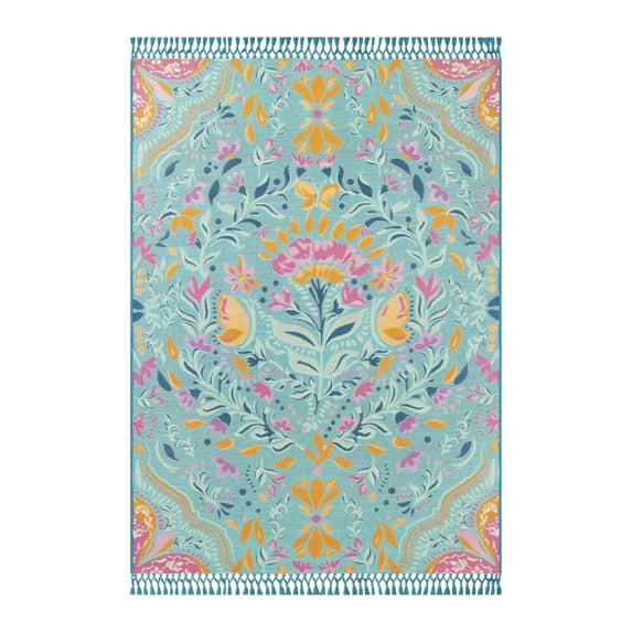 The Pioneer Woman Folk Geo Outdoor Rug, Turquoise Color, 7' x 10'