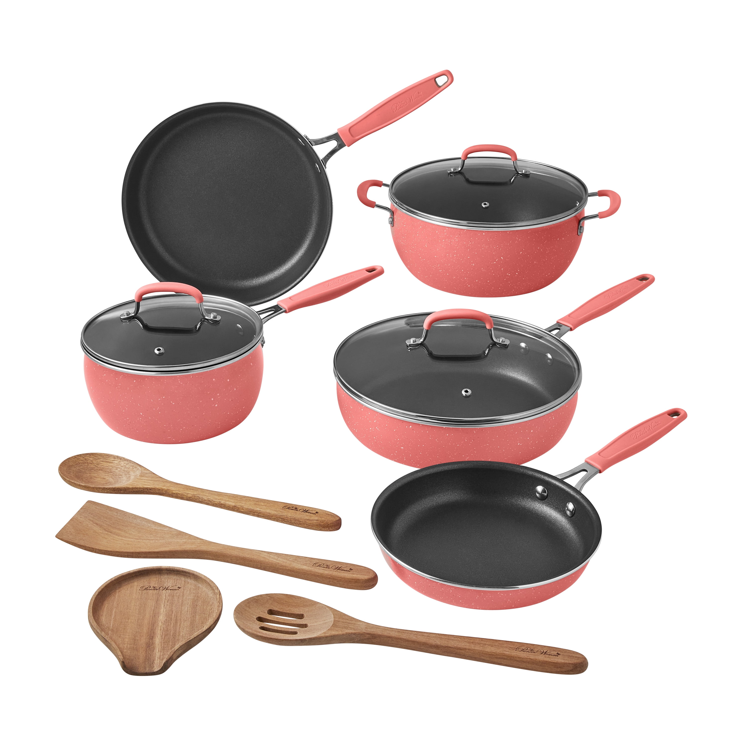 The Pioneer Woman Frontier Speckle 12-Piece Aluminum Cookware Set, Coral 