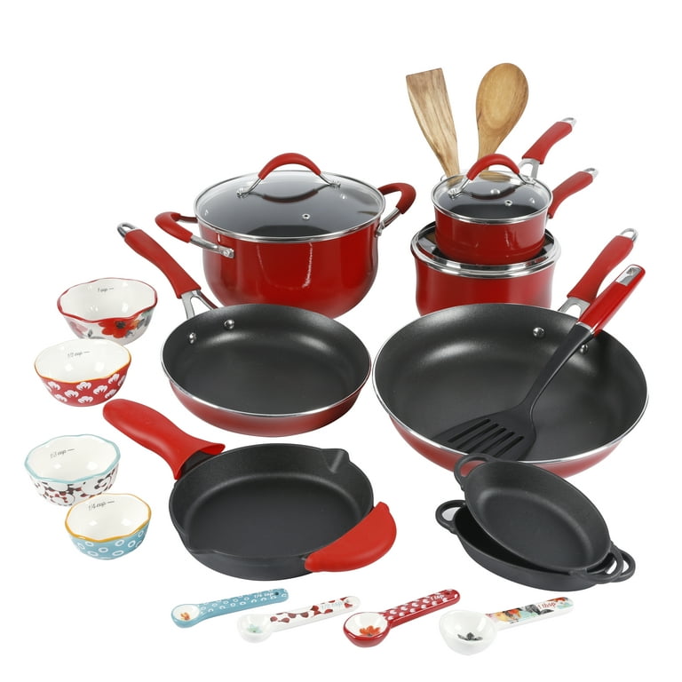  The Pioneer Woman Vintage Speckle 24-Piece Mother's Day  Cookware Combo Set (Red): Home & Kitchen