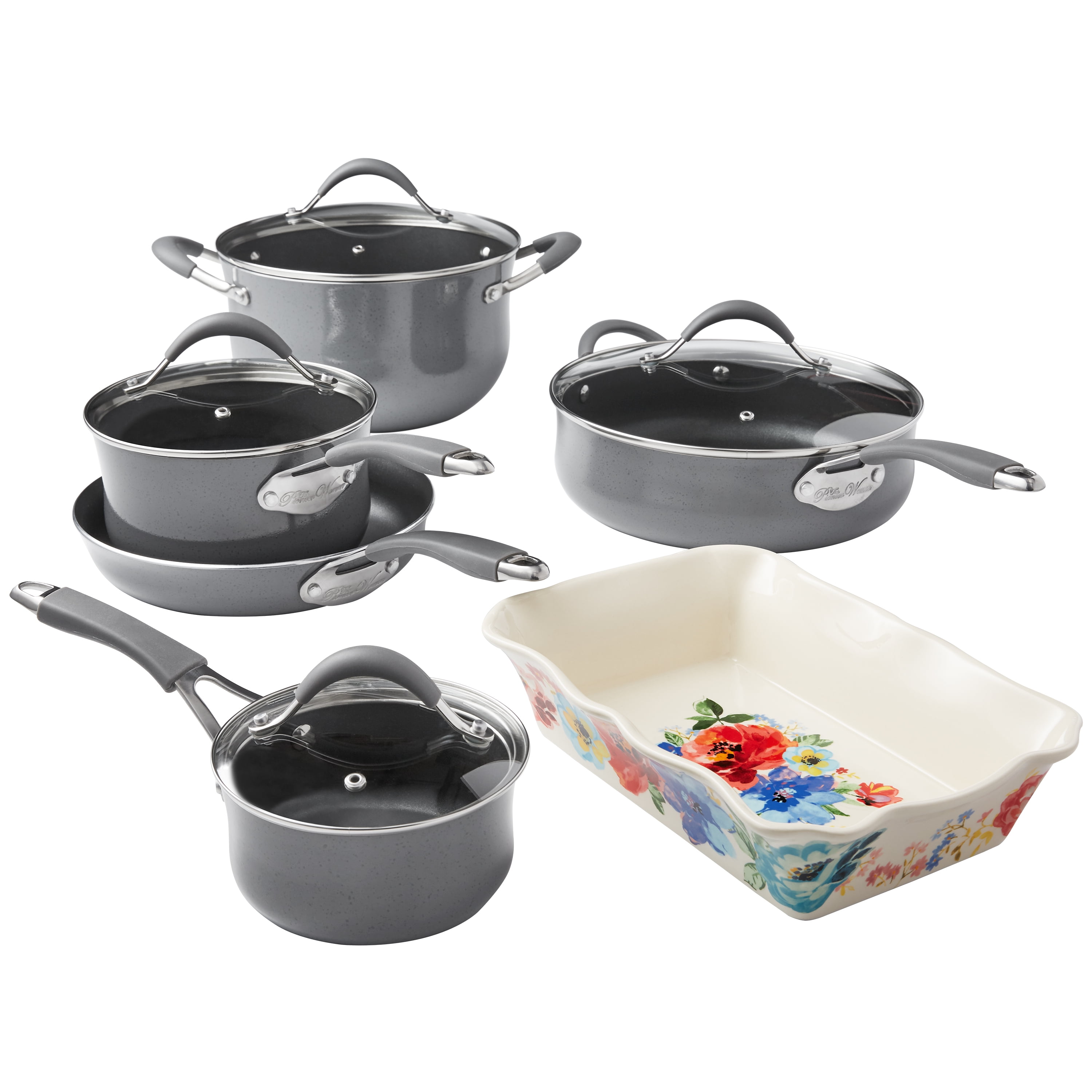 The Pioneer Woman Frontier Speckle 12-Piece Aluminum Cookware Set, Coral
