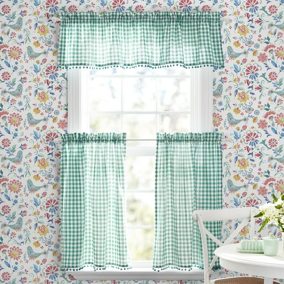 The Pioneer Woman Gingham Tier Curtain Pair and Valance Set, 3-Piece, Teal, 60" W x 36" L