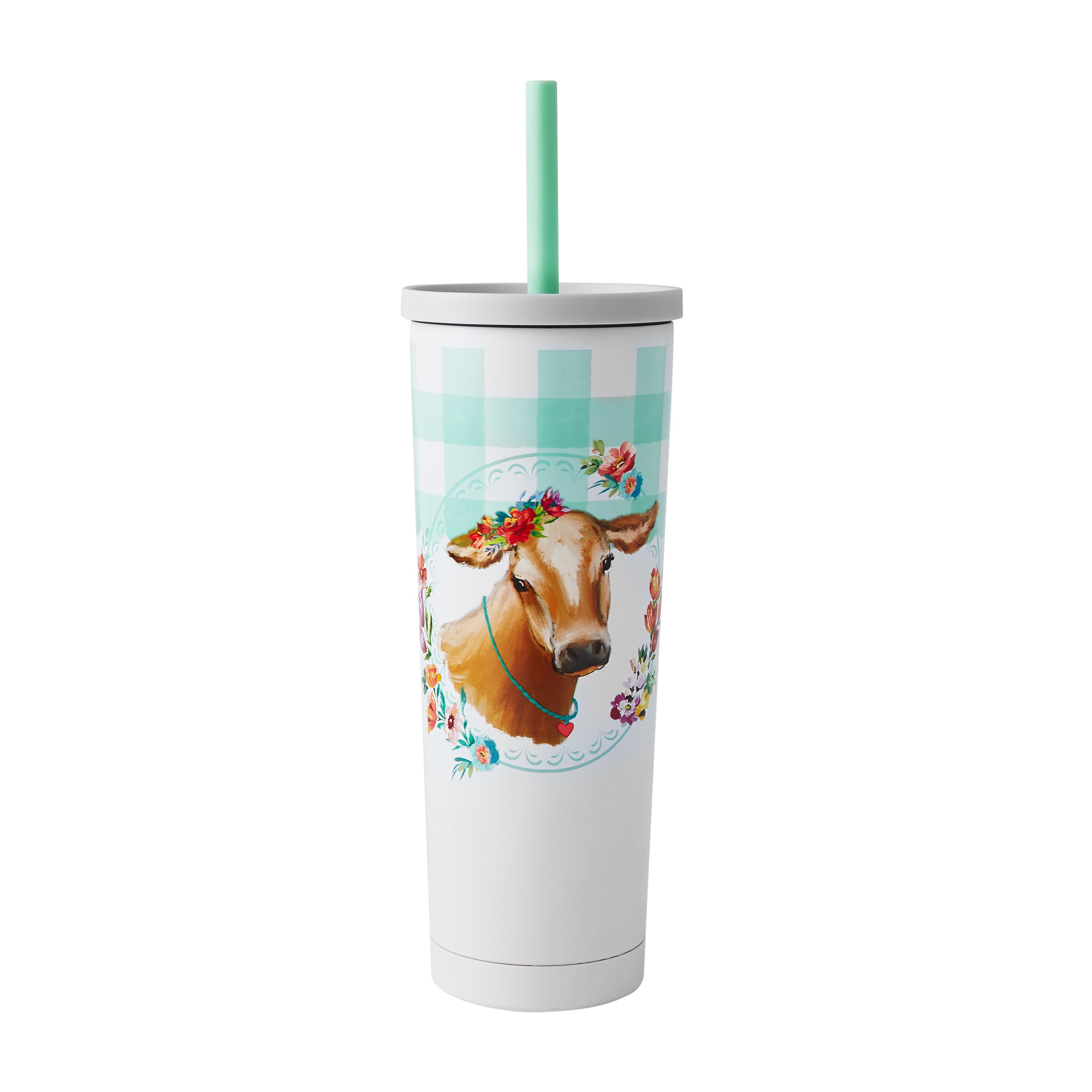 The Pioneer Woman Gingham Cow 27 fluid ounce Stainless Steel Tumbler with Hot & Cold Lids, White