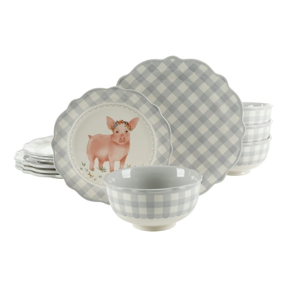 The Pioneer Woman Gingham 12-Piece Ceramic Dinnerware Set, Gray