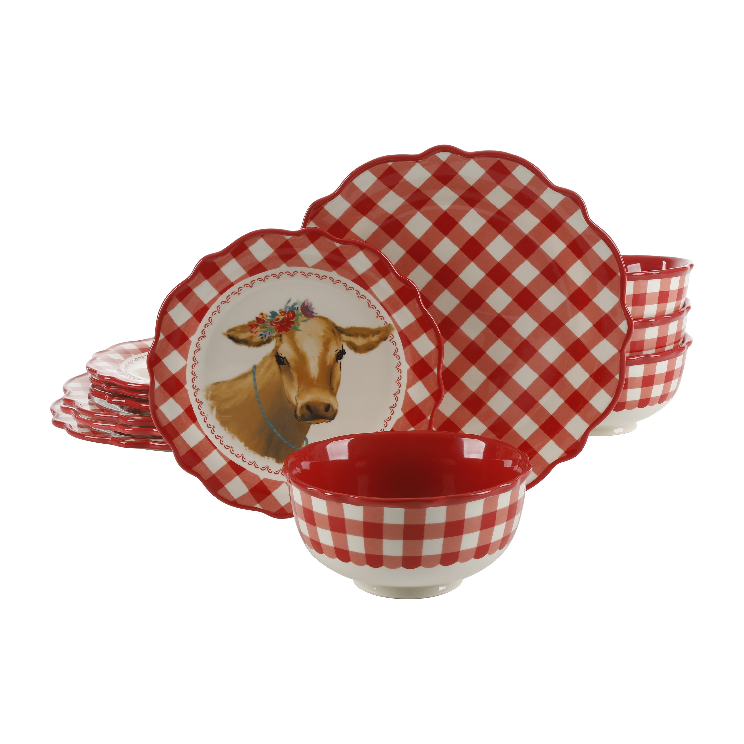 The Pioneer Woman Gingham Red 12 Piece Stoneware Dinnerware Set