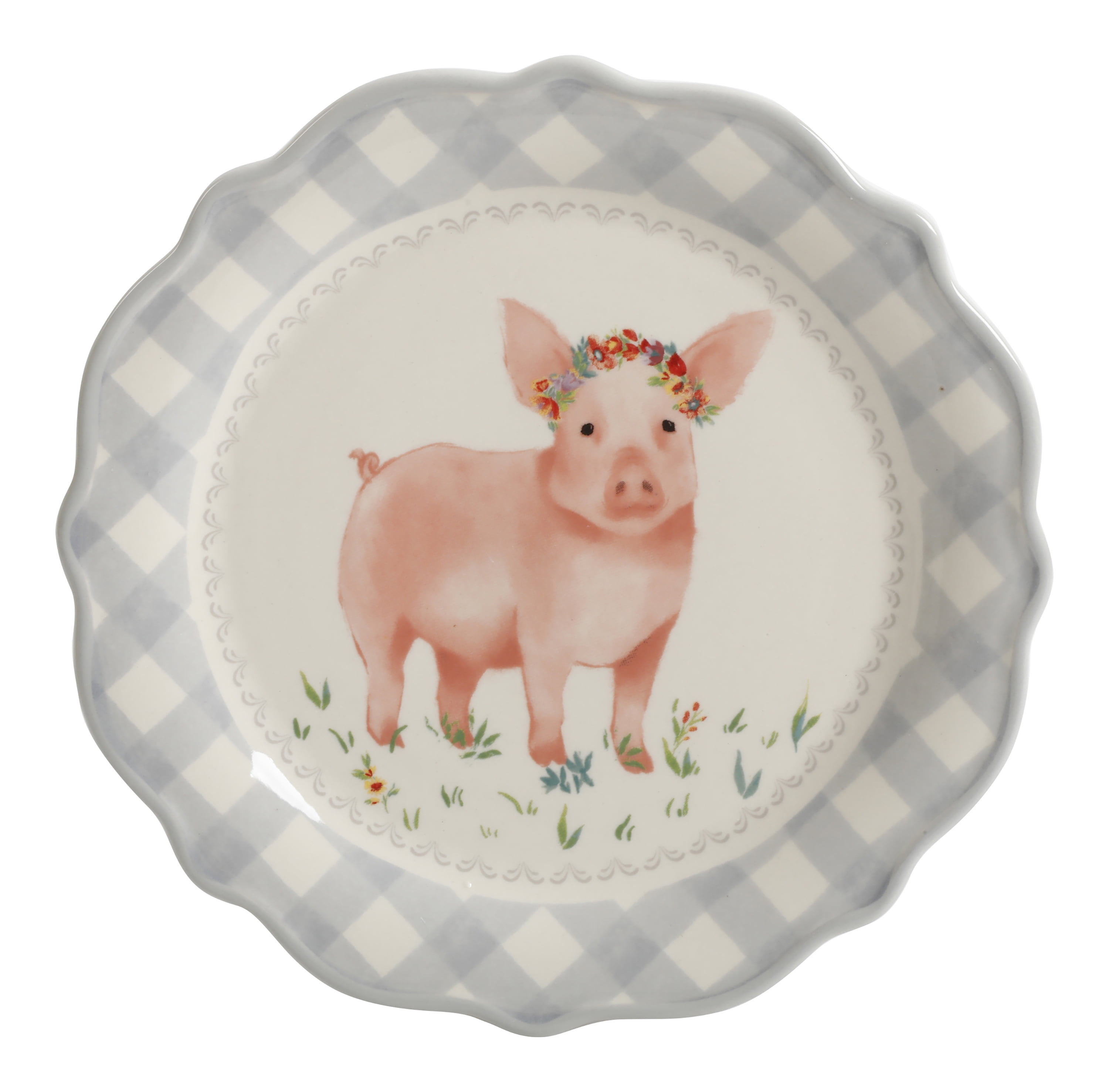 The Pioneer Woman Gray Gingham with Pig Decal Appetizer Plate