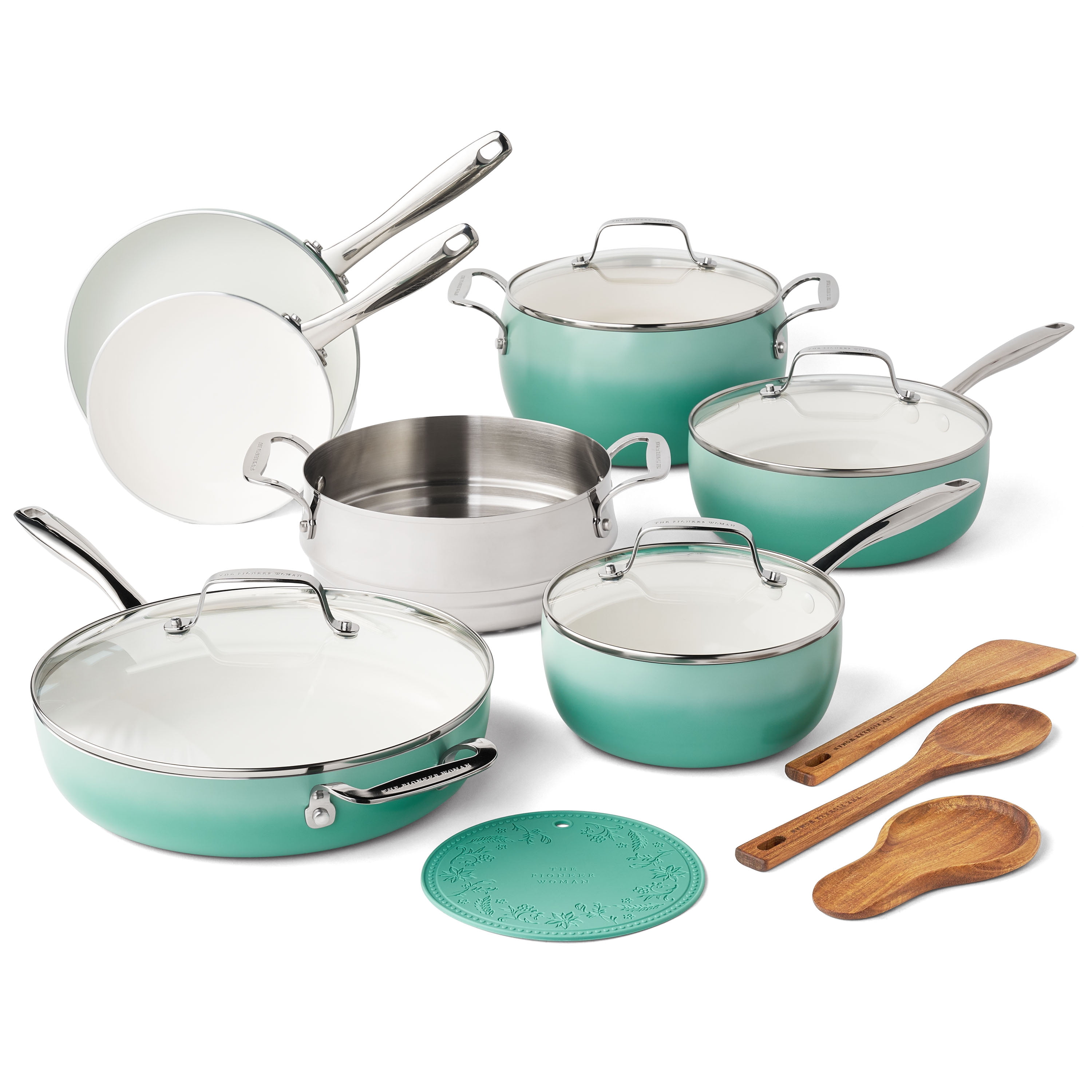 The Pioneer Woman Harlow 15-Piece Cookware Set, Ceramic Non-Stick Pots and Pans Set, Green - Walmart.com