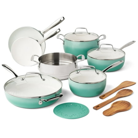 The Pioneer Woman Harlow 15-Piece Cookware Set, Ceramic Non-Stick Pots and Pans Set, Green