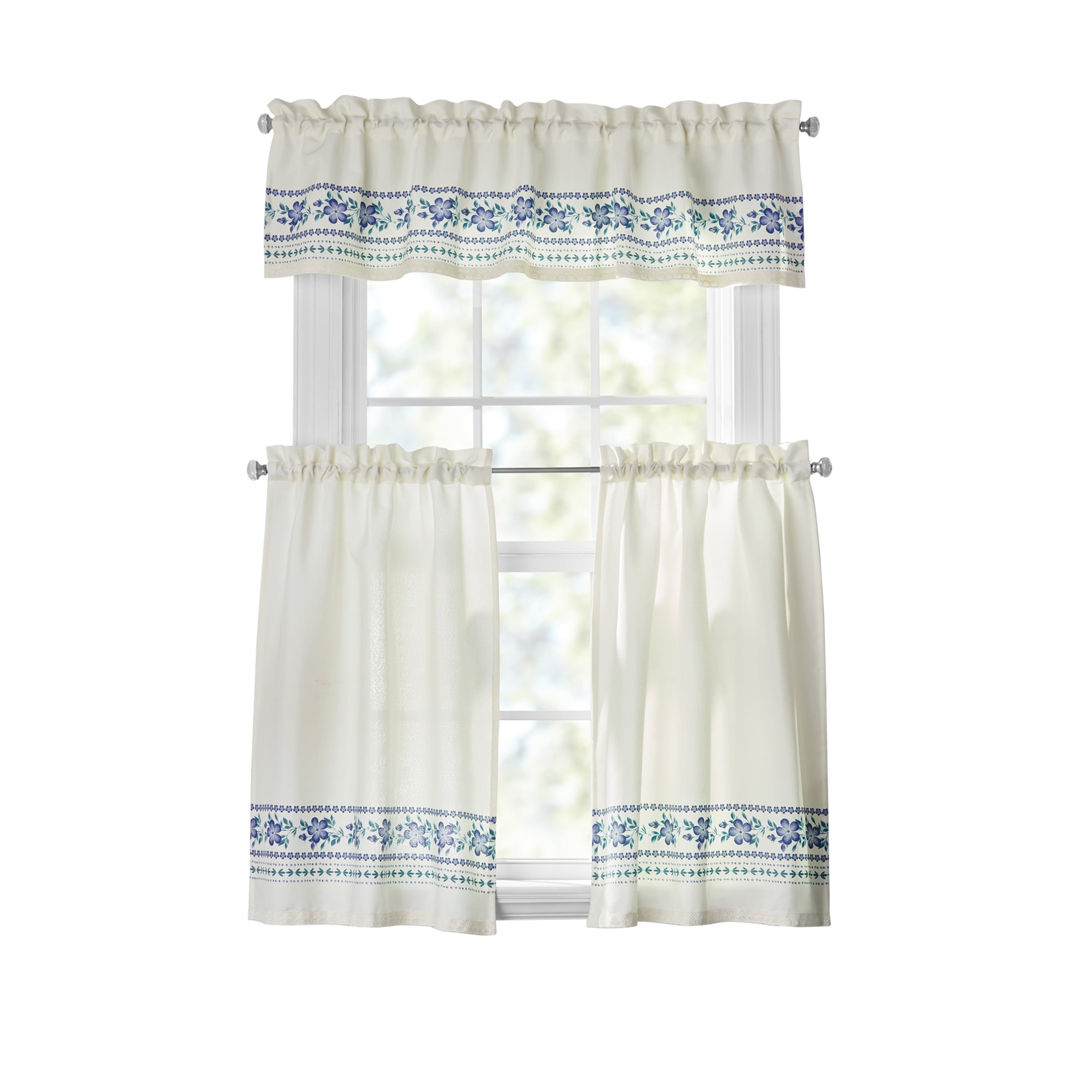 The Pioneer Woman Hattie Border 3 Piece Tier Set, Teal & Perri, Blue/Green, Recycled Polyester, BCI Cotton, 60"W x 14"L, Indoor Curtain, Adult