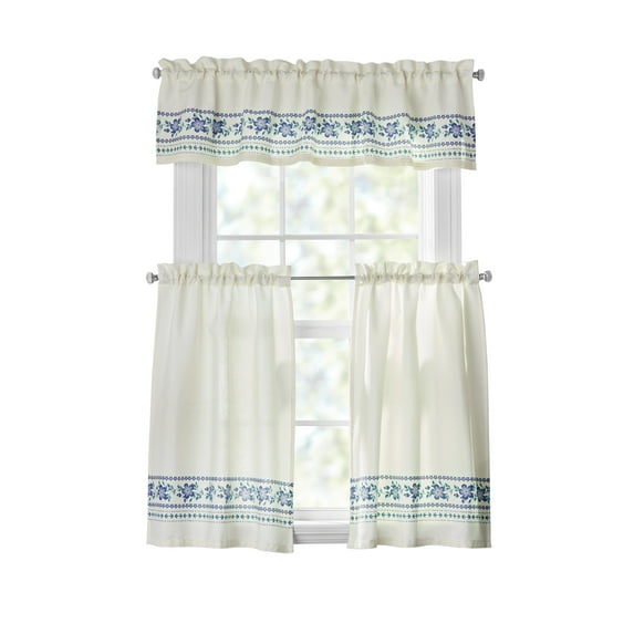 The Pioneer Woman Hattie Border 3 Piece Tier Set, Teal & Perri, Blue/Green, Recycled Polyester, BCI Cotton, 60"W x 14"L, Indoor Curtain, Adult