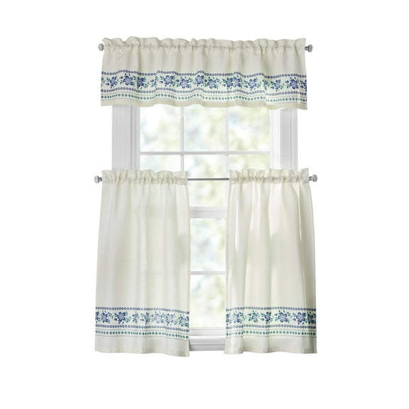 The Pioneer Woman Hattie Border 3 Piece Tier Set, Teal & Perri, Blue/Green, Recycled Polyester, BCI Cotton, 60"W x 14"L, Indoor Curtain, Adult