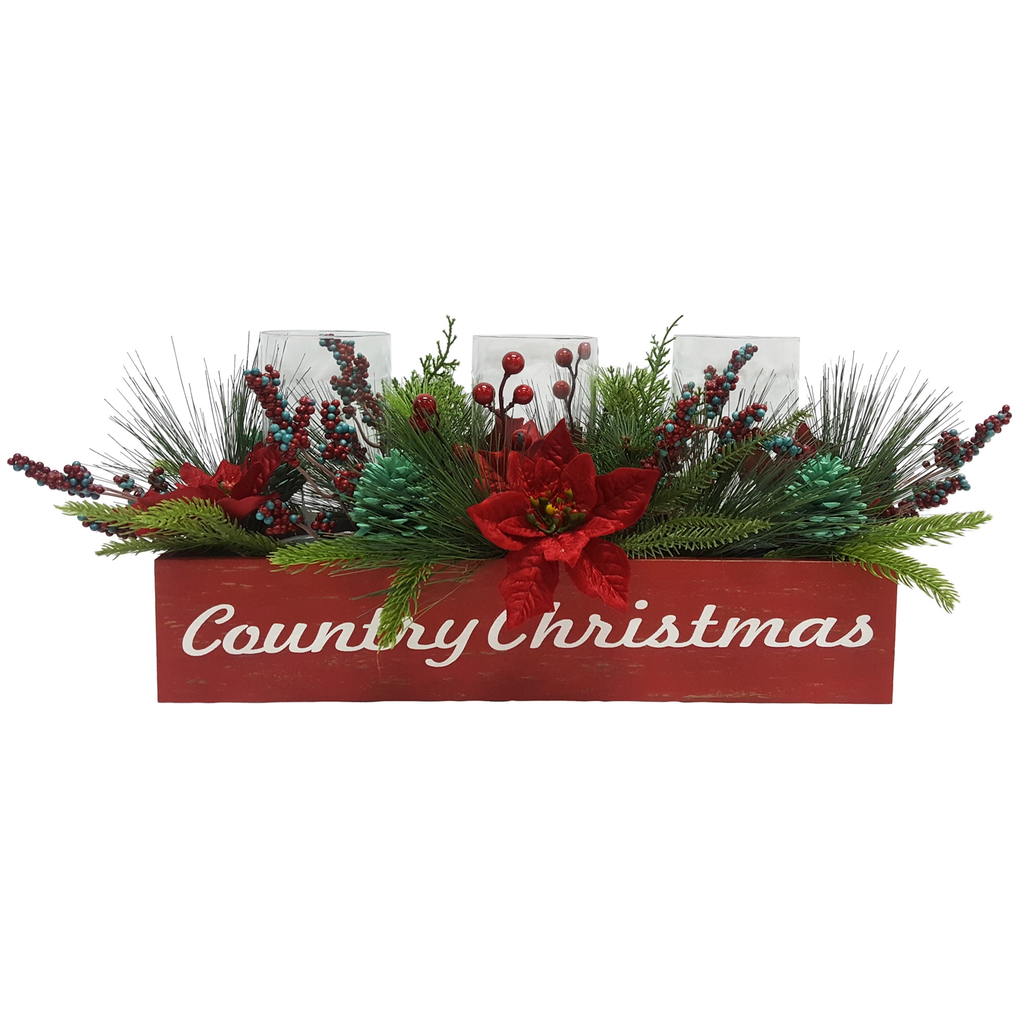 The Pioneer Woman Holiday Floral Wood Rail Centerpiece Glass Hurricane