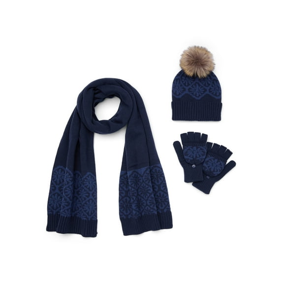 The Pioneer Woman Intarsia Cold Weather Beanie Scarf & Glove 3-Piece Set, Navy Blazer