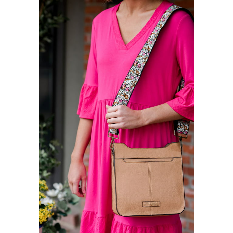 The Pioneer Woman Josie Women's Medium Crossbody Handbag with embroidered  strap, Camel 