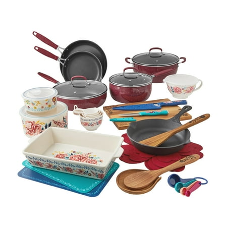 The Pioneer Woman Keepsake Floral 38-Piece Cookware Set, Merlot