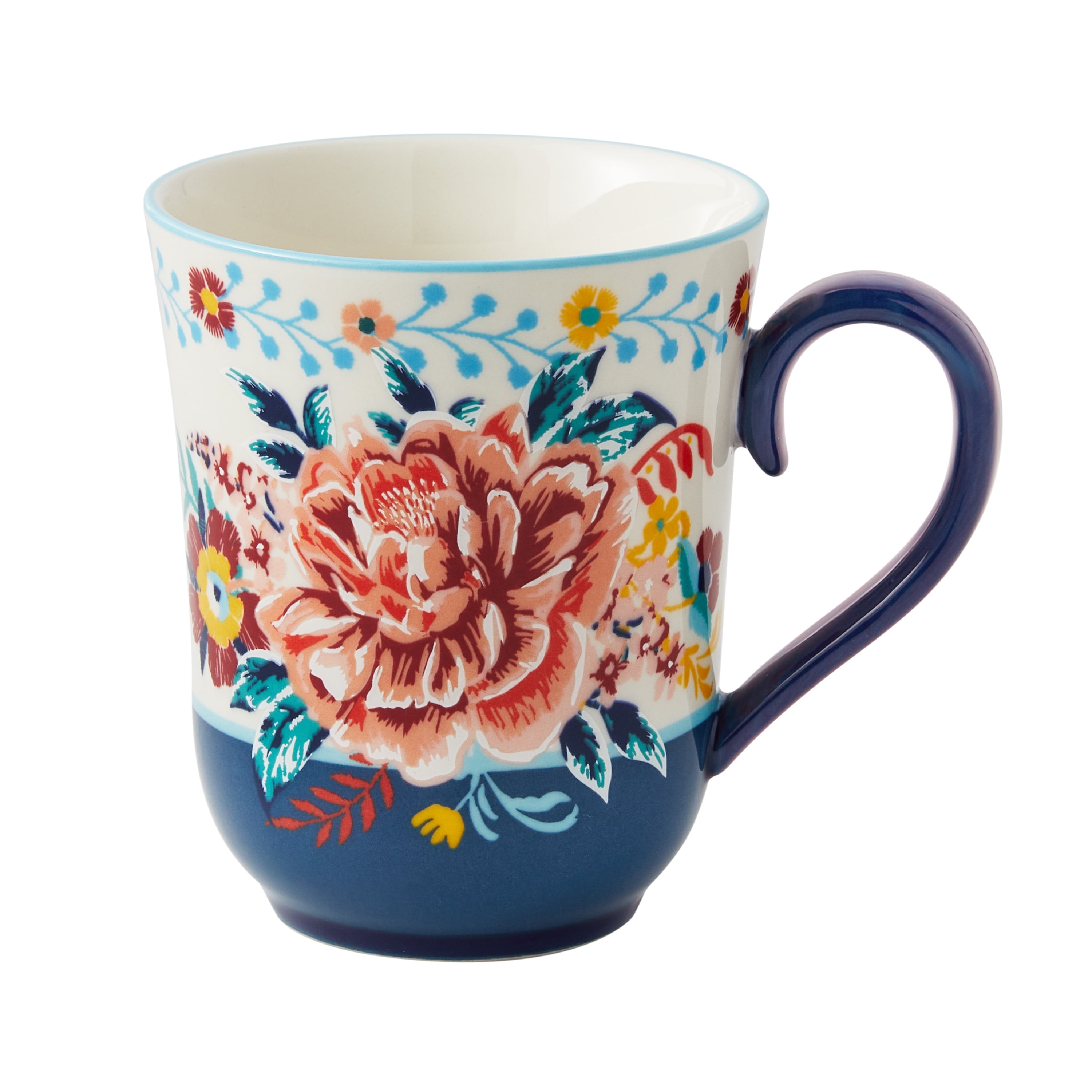 Blue Floral Ceramic Mug, Microwave Safe, 18 Ounces