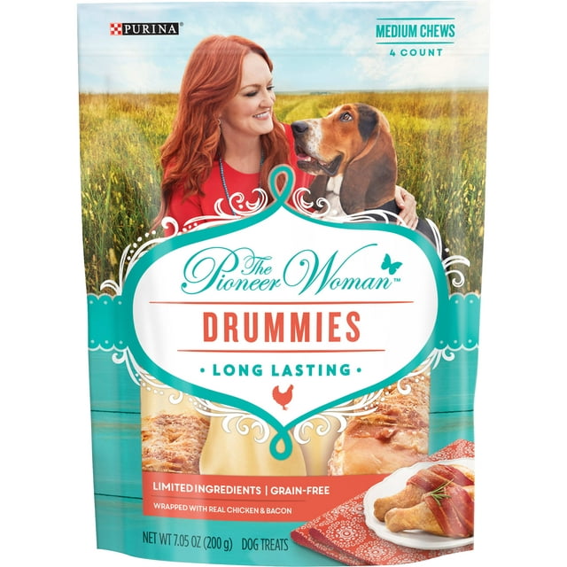 The Pioneer Woman Limited Ingredient, Grain Free Rawhide Dog Treats, Drummies Chicken & Bacon, 7.05 oz. Pouch