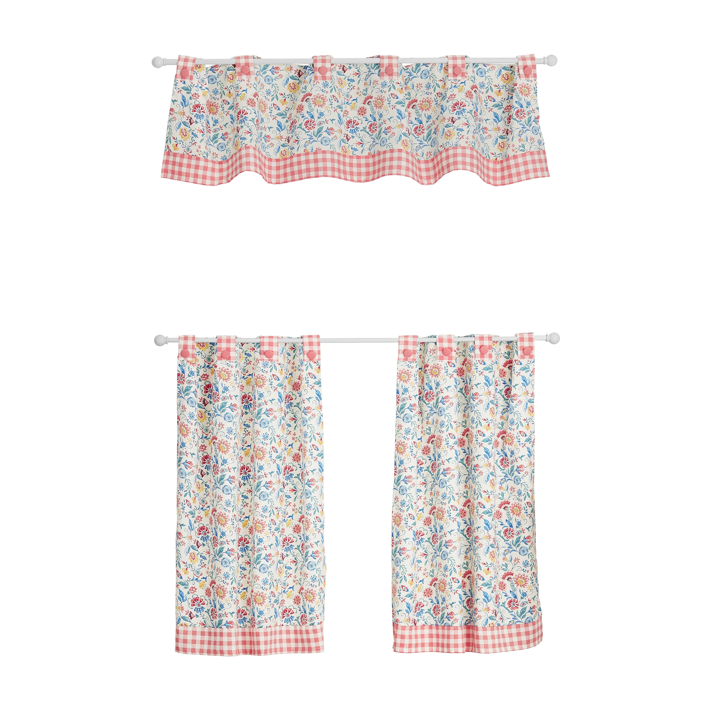 White Floral Polyester Light-Filtering Tier Curtain Set