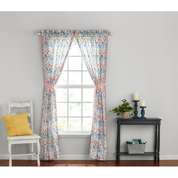 The Pioneer Woman Mazie Textured Floral Light Filtering Curtain Panel Pair with Tie Backs, Set of 2, Multi-Color, 40" W x 84" L