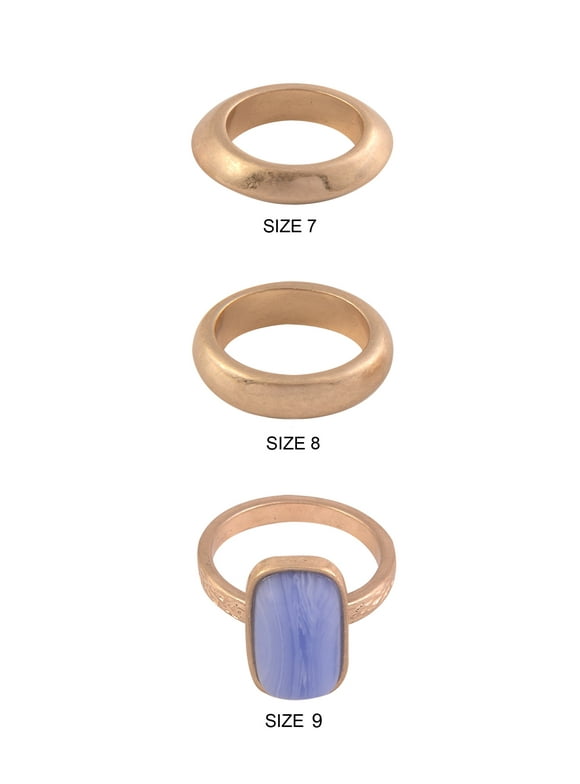 Metal Gold-Tone Textured and Blue Stone Ring Set - 3 Piece Sizes 7-9, Women's