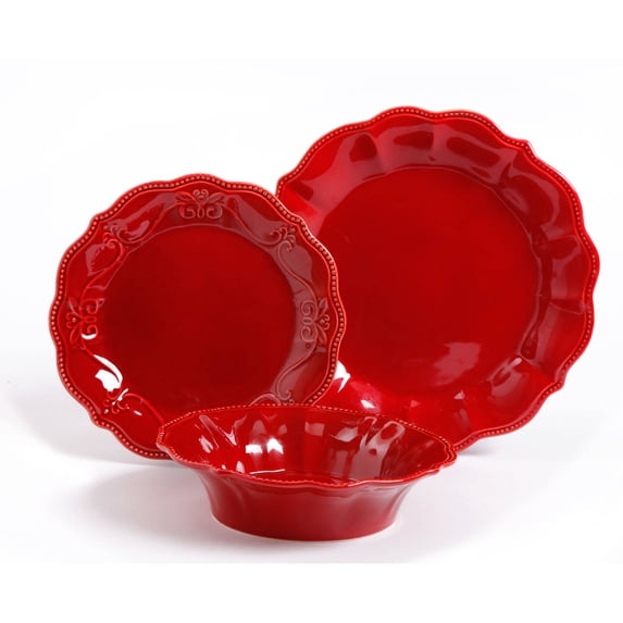The Pioneer Woman Paige 12-Piece Dinnerware Set, Red