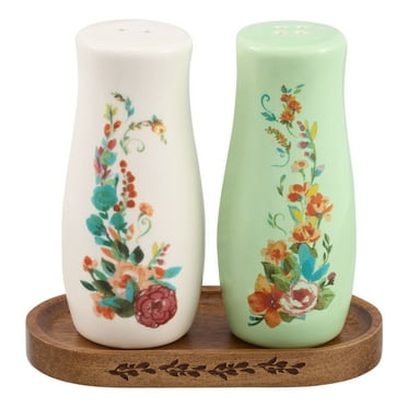 The Pioneer Woman Painted Meadow 3 Pieces Salt & Pepper Shakers with Acacia Wood Tray Set