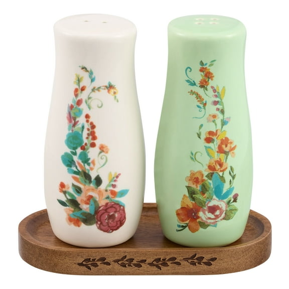 The Pioneer Woman Painted Meadow 3 Pieces Salt & Pepper Shakers with Acacia Wood Tray Set