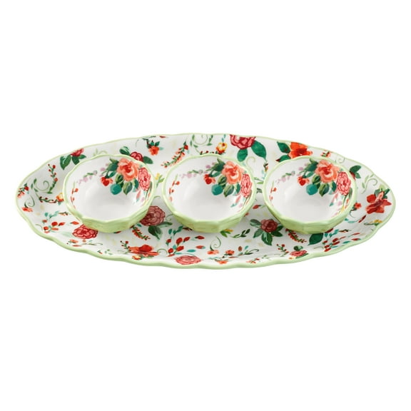 The Pioneer Woman Painted Meadow 4-Piece Ceramic Dip Bowl Set with Serving Tray Platter