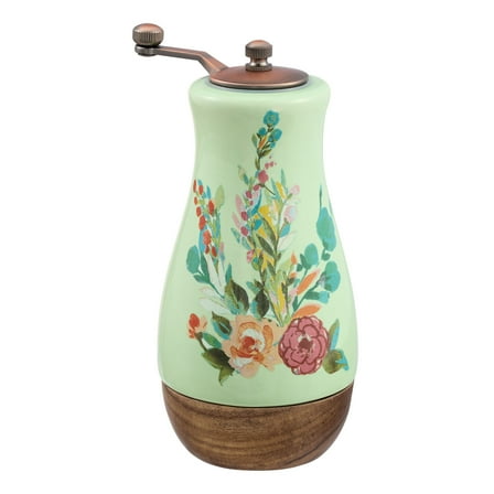 The Pioneer Woman Painted Meadow Ceramic Pepper Mill with Metal Grinder and Acacia Wood Base