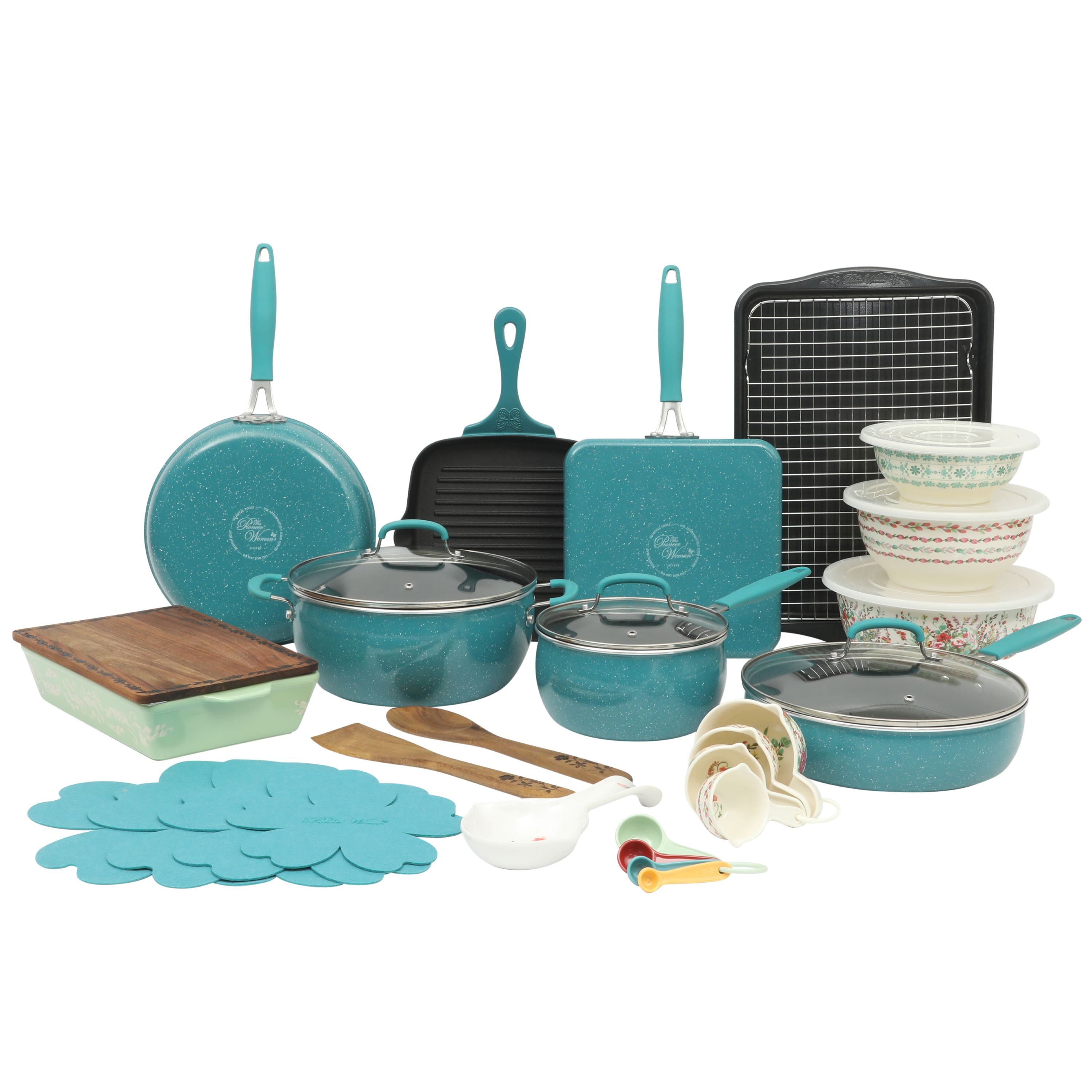 The Pioneer Woman Painted Meadow Speckle Teal 34-Piece Aluminum Cookware Combo Set