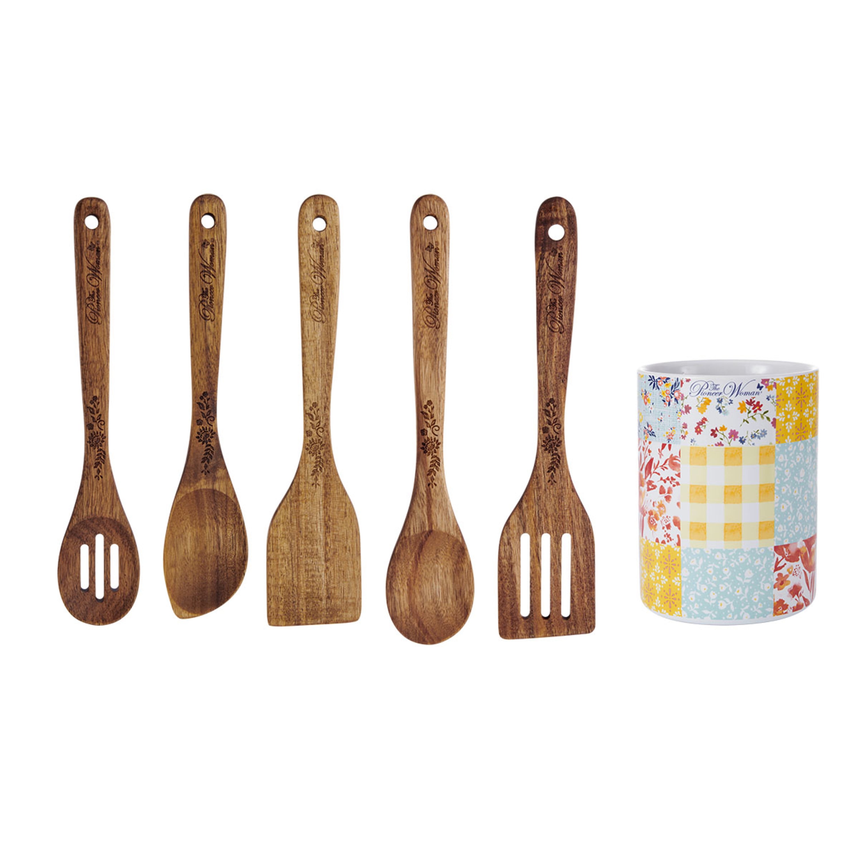 The Pioneer Woman 6-Piece Crock and Wooden Set, Slotted Spoon