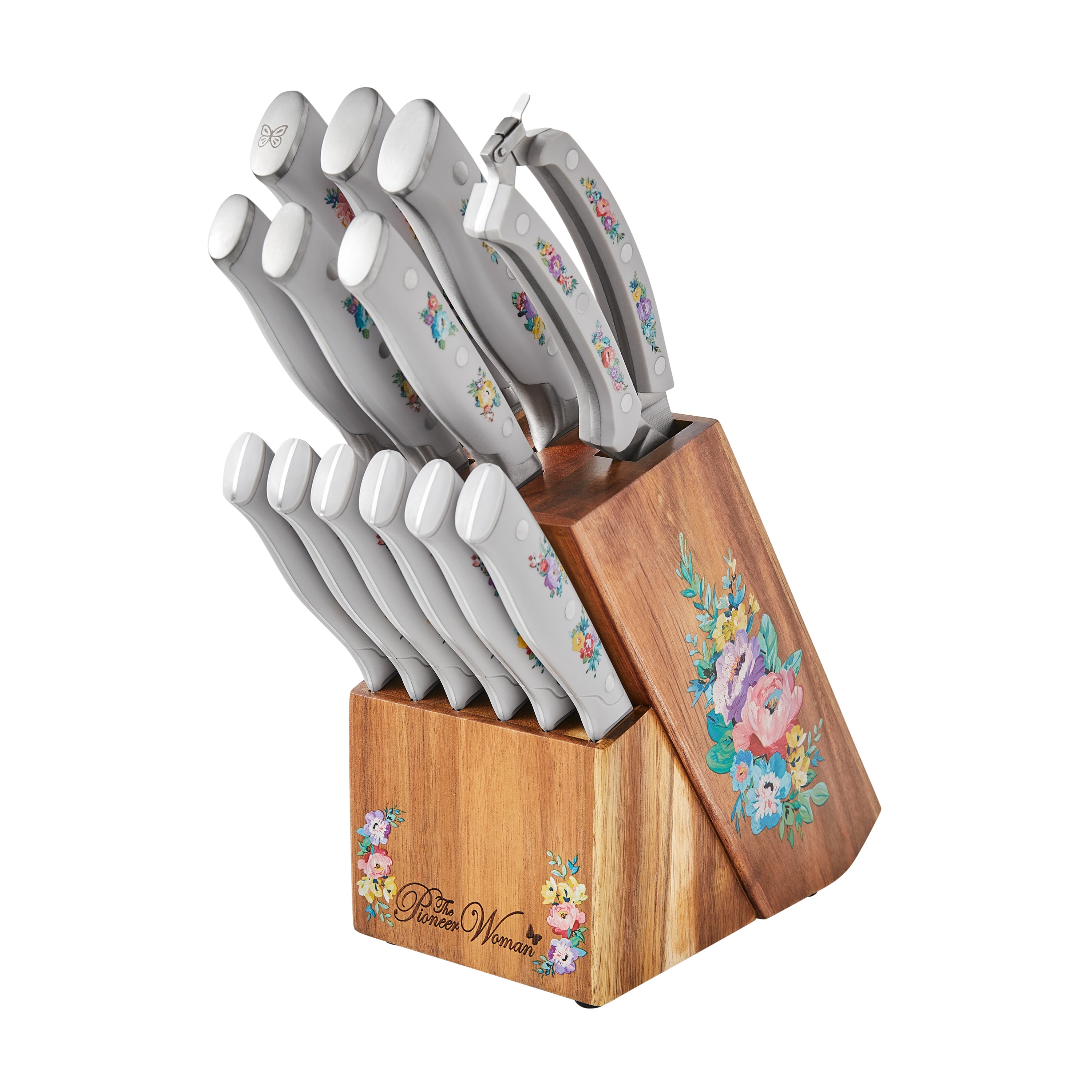 The Pioneer Woman Stainless Steel Knife Wood Block Cutlery Prep Set 5p  Retro Red