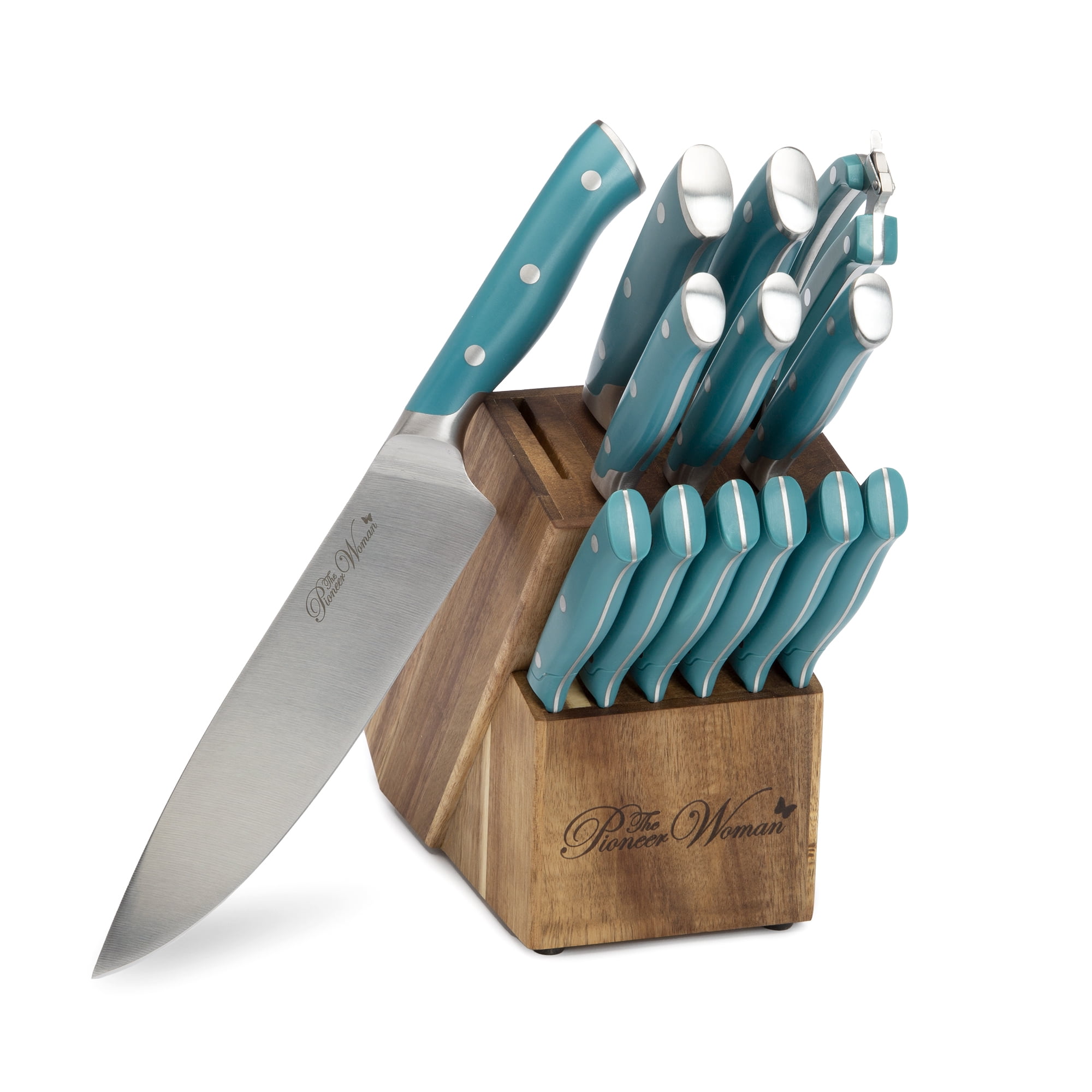 The Pioneer Woman Pioneer Signature 14-Piece Stainless Steel Knife Block Set, Teal