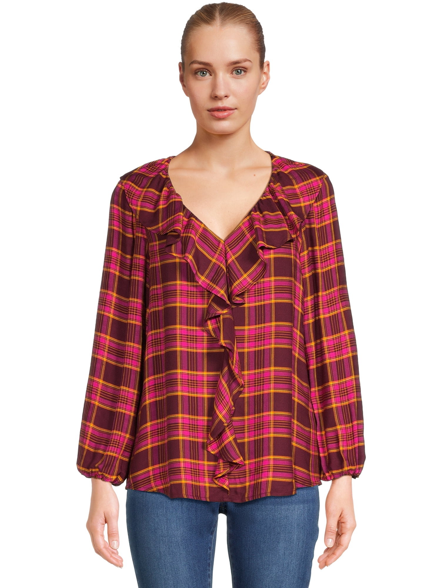 The Pioneer Woman Plaid Ruffle Blouse with Long Sleeves, Women's, Sizes ...
