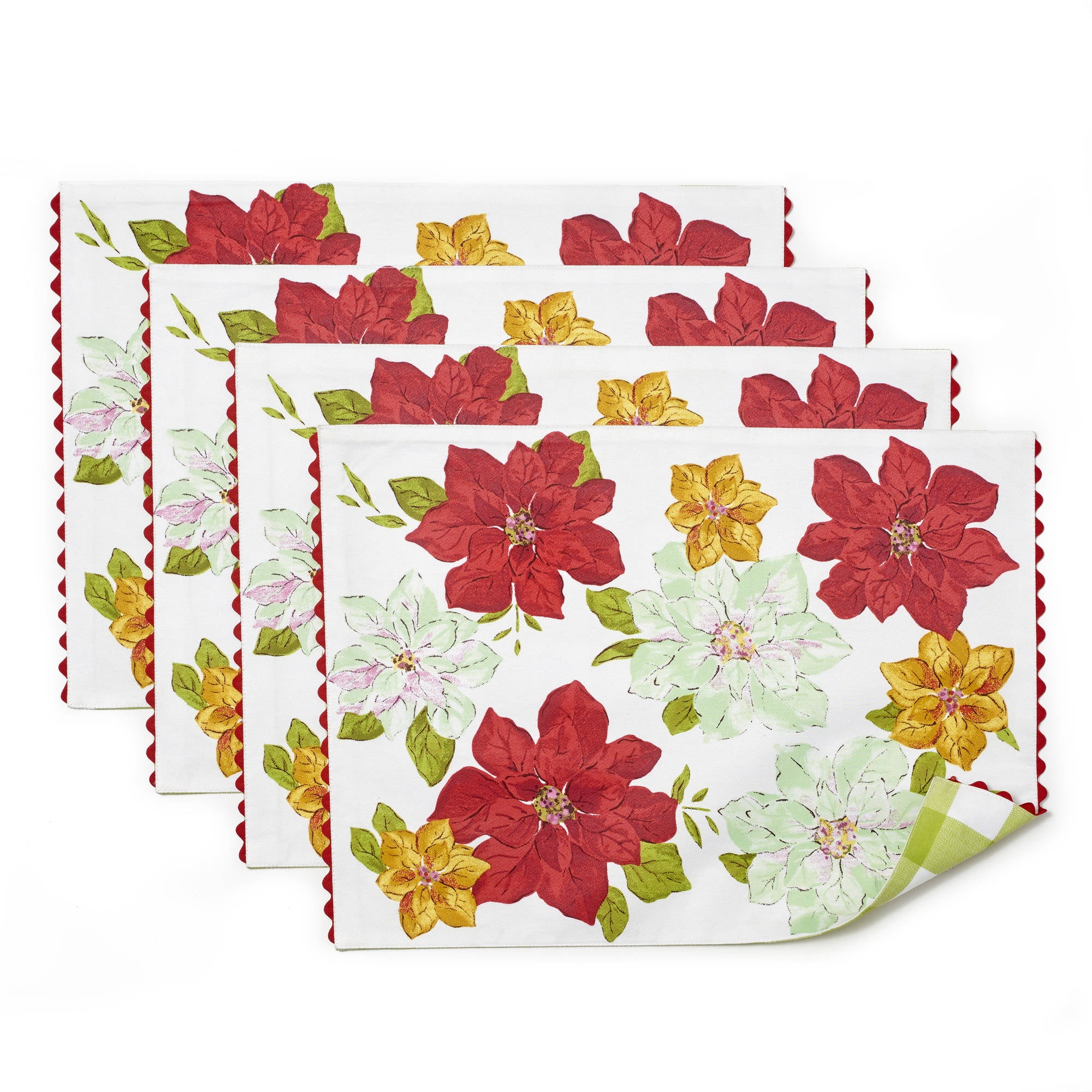 The Pioneer Woman Poinsettia Reversible Placemat with Ric Rac Trim, 4pk