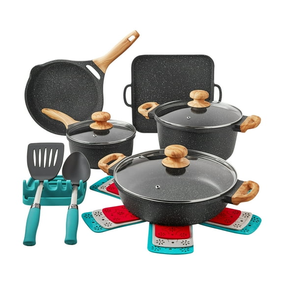 The Pioneer Woman Prairie Signature 14-Piece Cast Aluminum Cookware Set, Charcoal Speckle