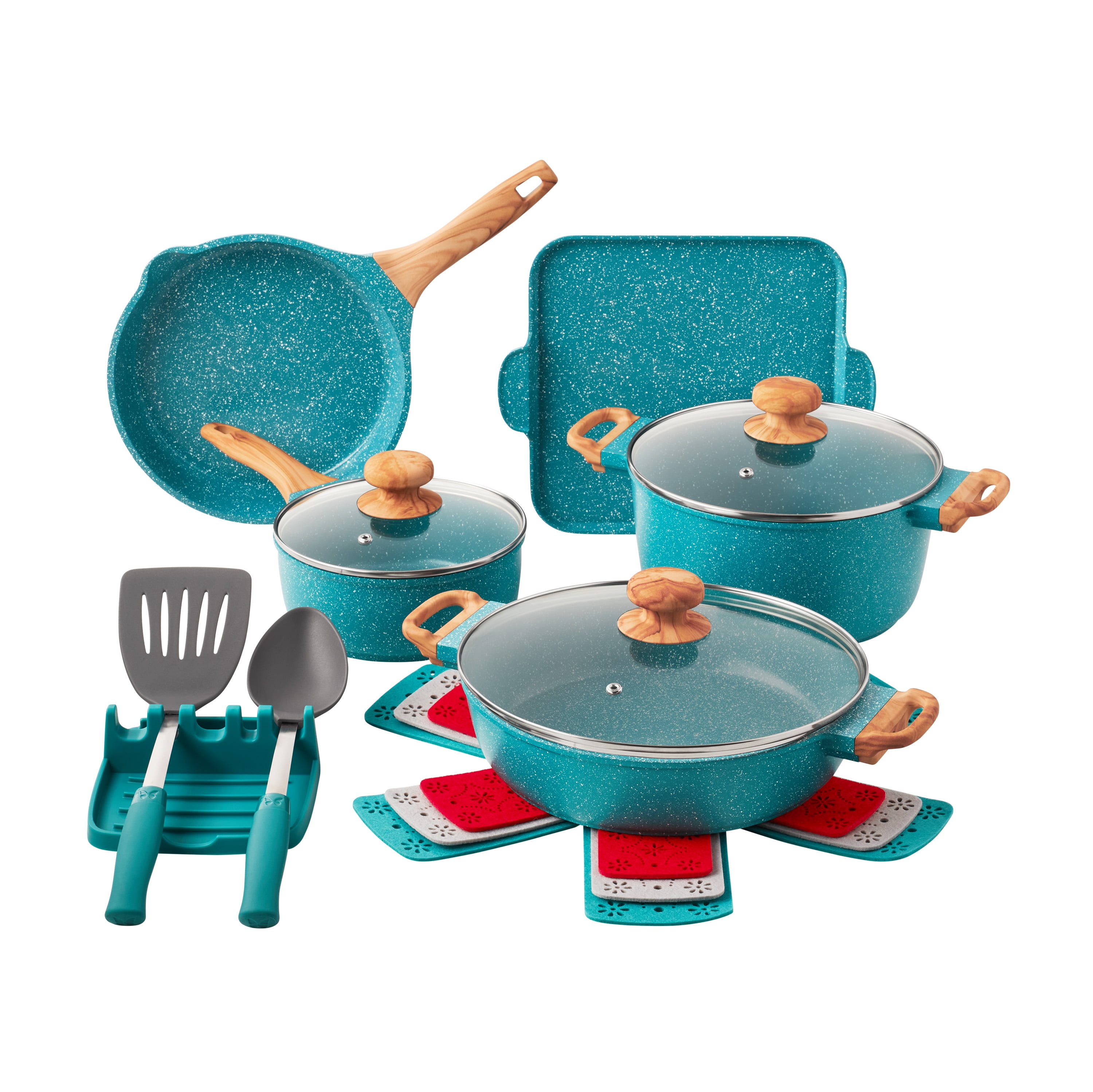 The Pioneer Woman Prairie Signature 14-Piece Cast Aluminum Cookware Set, Teal Speckle - Walmart.com