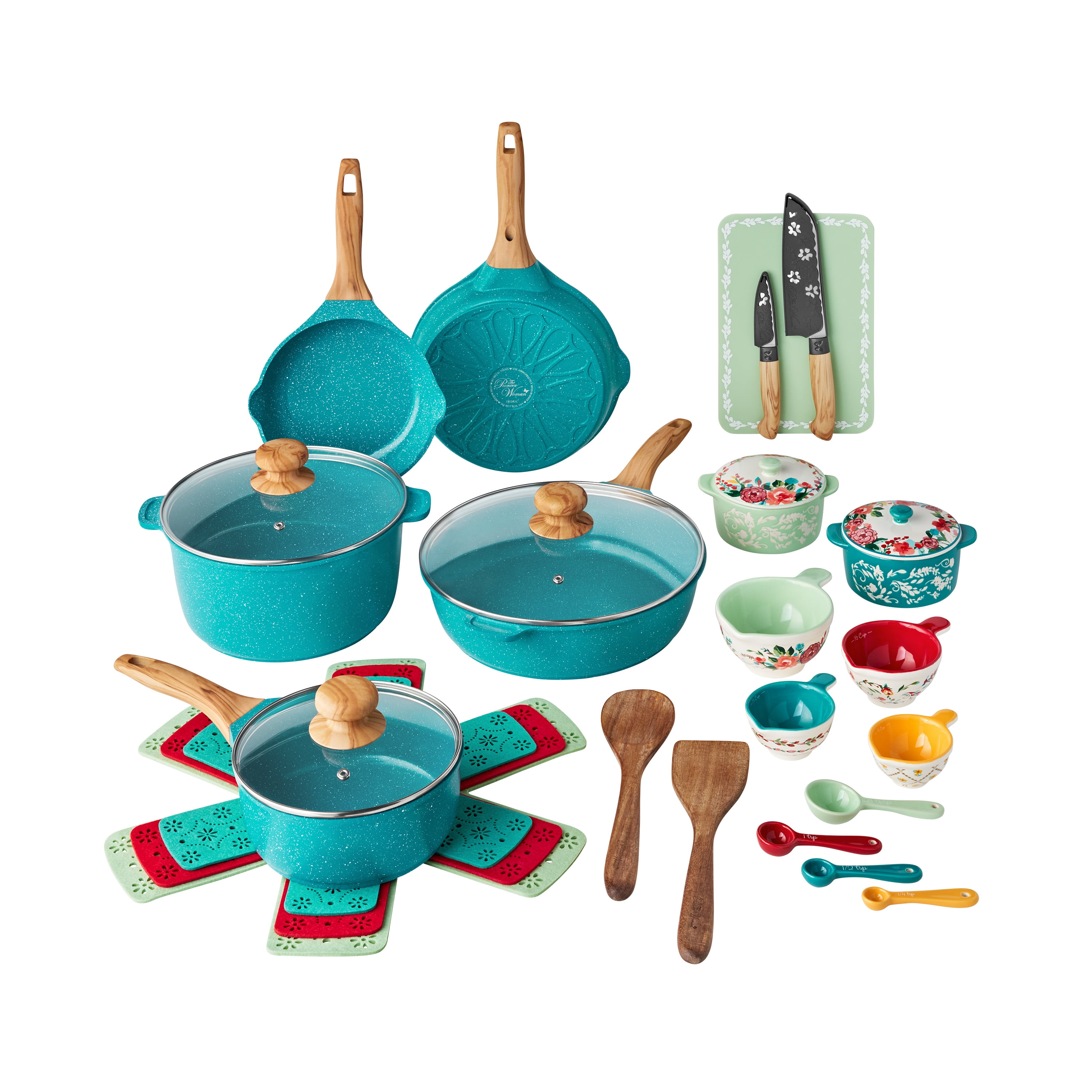 The Pioneer Woman Prairie Signature 30Piece Cast Aluminum Cookware Set, Teal  (图1) The Pioneer Woman Prairie Signature 30Piece Cast Aluminum Cookware Set, Teal  (图1)