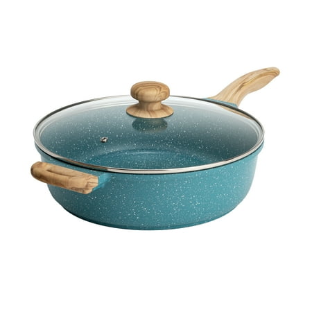 The Pioneer Woman Prairie Signature 6-Quart Cast Aluminum Jumbo Saute Pan, Teal Speckle