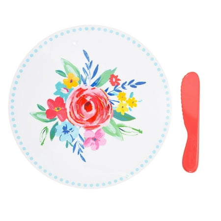 The Pioneer Woman Presentation and Cheese Board with Knife, Pink Floral