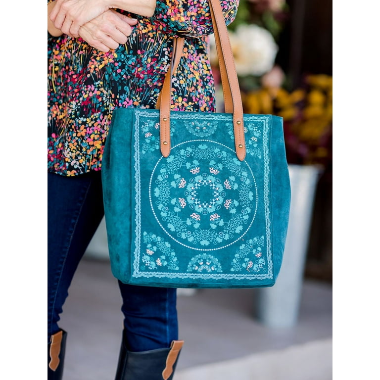 The Pioneer Woman Printed Women's Blue Faux Suede Tote Handbag
