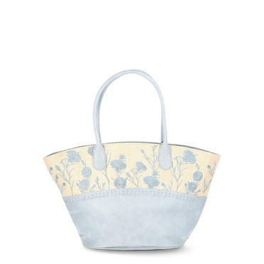 The Pioneer Woman Raffia Tote Bag with Floral Embroidery, Light Blue, Women's
